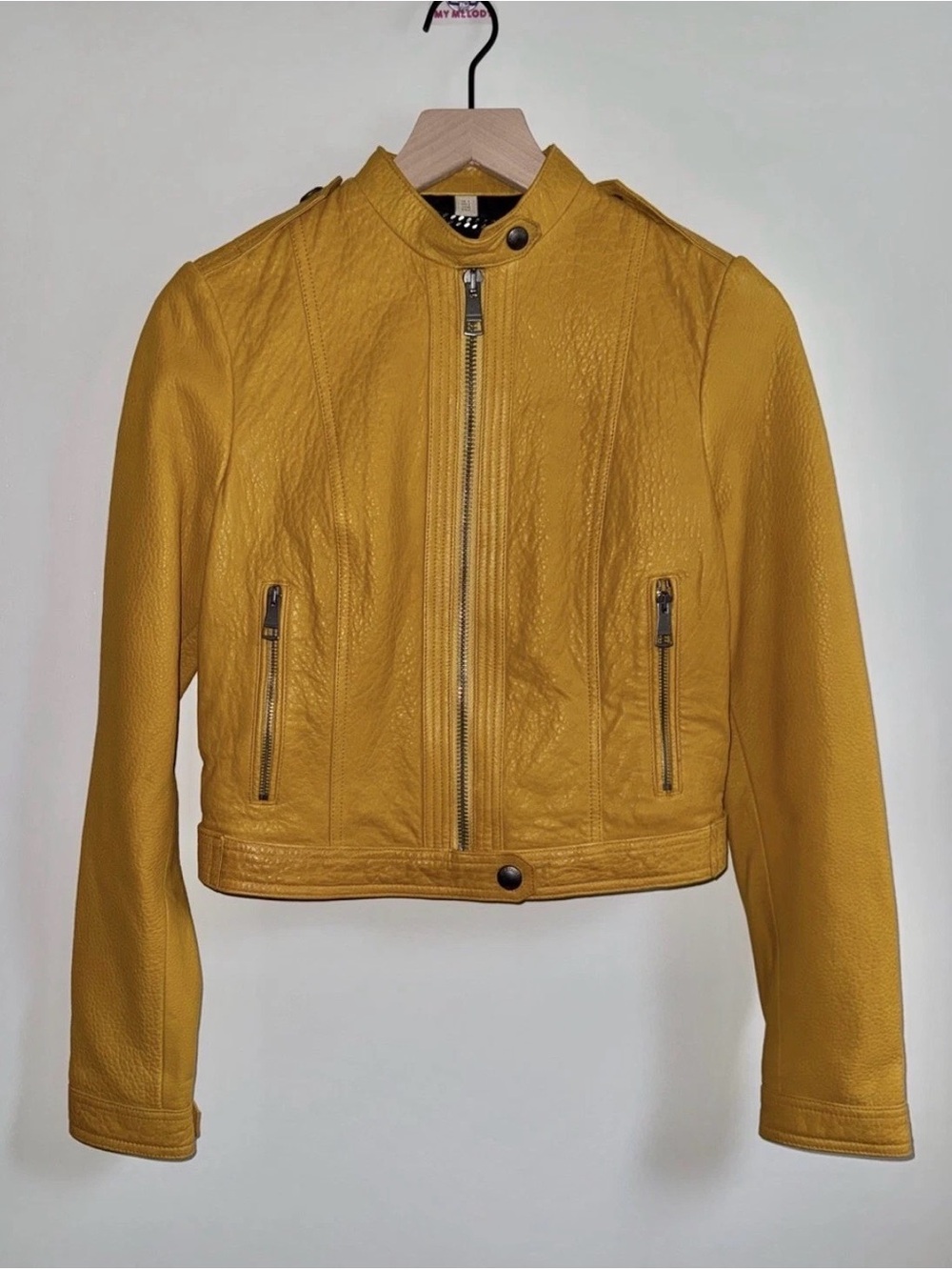 Genuine Leather Burberry Mustard Yellow Zip Up Jacket Moto Women’s Size 6